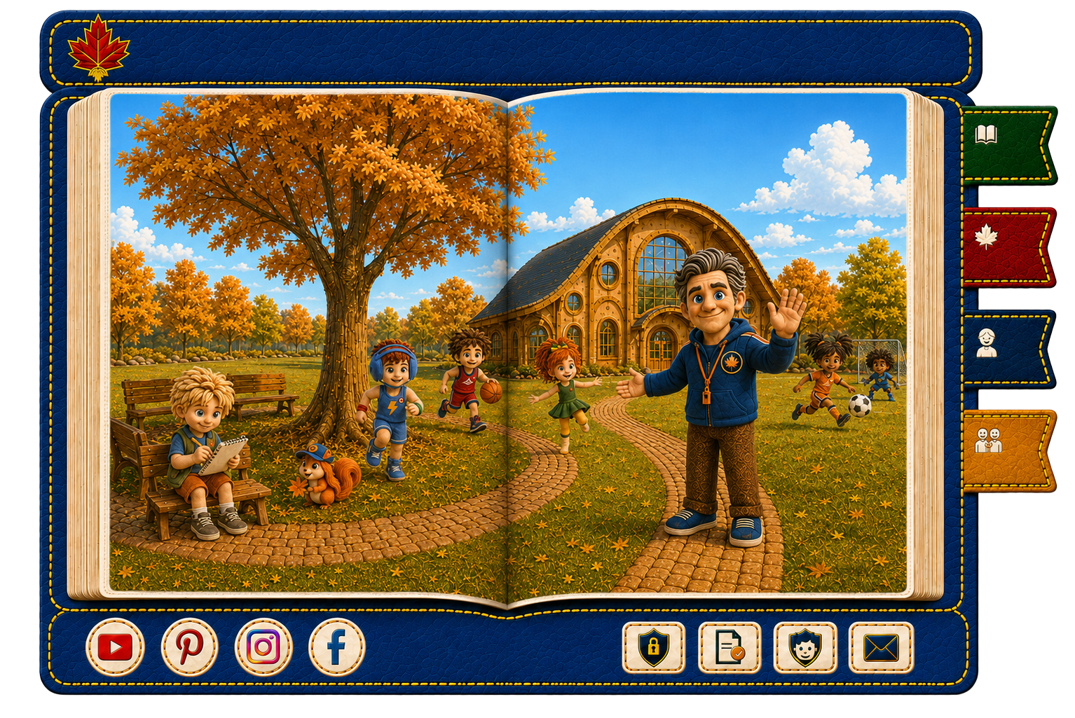 An open storybook showing Coach B and the Kids Club friends playing together in autumn at Maple Grove.