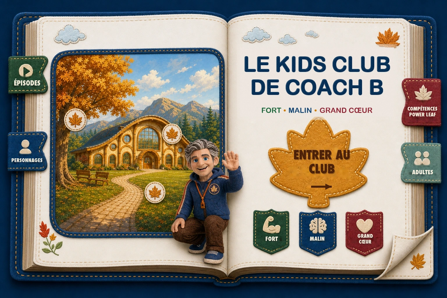 Un livre tactile ouvert avec le club illustré, Coach B, des onglets cousus et trois badges de compétences.