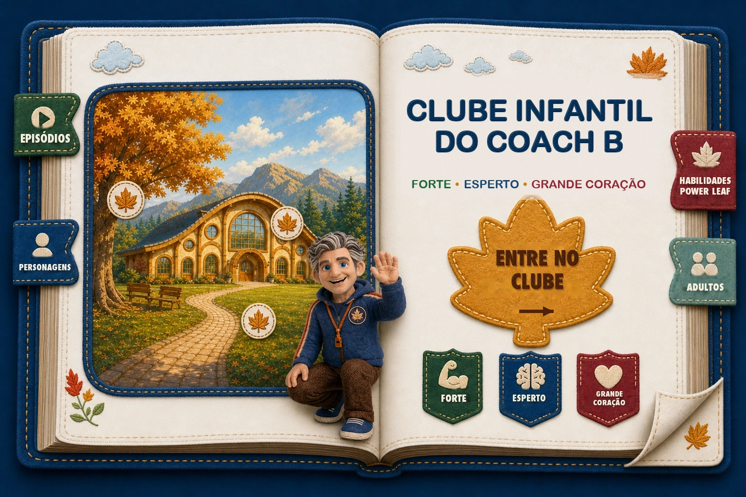 Um livro de histórias tátil aberto com o clube ilustrado, Coach B, abas costuradas e três emblemas de habilidades.