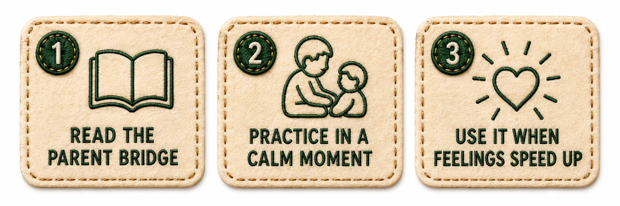 Three steps: read the parent bridge, practice in a calm moment, and use the skill when feelings speed up